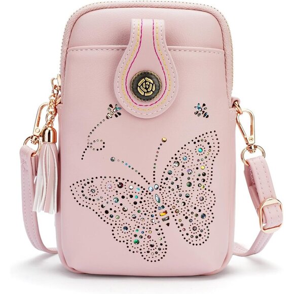 Handbags - Stylish Pink Mini Crossbody Purse with Butterfly Motif - Perfect for Essentials